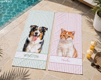 Custom Stripe Pet Beach Towel Personalized Dog Photo Towels Unique Cat Lover Summer Gift