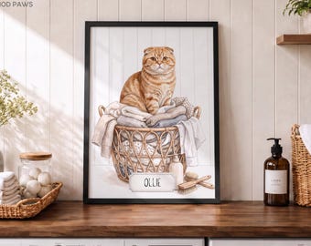 Personalized Watercolor Cat Laundry Painting Digital Feline Artwork Pet Portrait Photo  Print