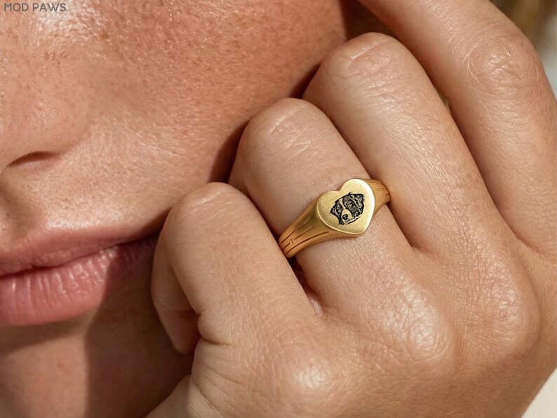 Custom Pet Heart Signet Ring Personalized Dog Cat Photo Engraved Memorial 18K Gold Jewelry image 11