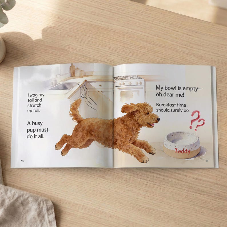 May include: An open book with a watercolor illustration of a golden-brown dog leaping towards a bowl labeled "Teddy." Text includes "I wag my tail and stretch up tall" and "My bowl is empty - oh dear me!"