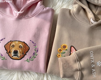 Custom Dog Floral Embroidered Hoodie with Sleeve Embroidery – Personalized Cat and Pet Hooded Sweatshirt