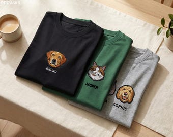 Custom Embroidered Pet Face Shirt with Sleeve Embroidery Personalized Dog Portrait Cat T-Shirt Tee