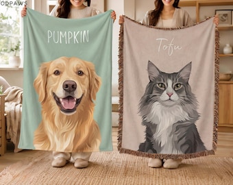 Custom Pet Portrait Blanket Name Personalized Photo Gift Dog Cat Mom Loss Memorial Blanket