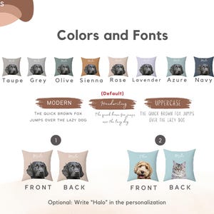 Puede incluir: Imagen que muestra cojines para mascotas personalizables con varias opciones de color, incluyendo: Salvia, Topo, Gris, Oliva, Siena, Rosa, Lavanda, Azul, Marino y Rojo. Tambi&eacute;n se muestran estilos de fuente y ejemplos de dise&ntilde;os de cojines.