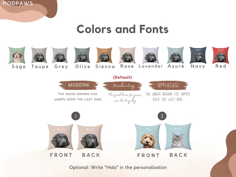Puede incluir: Imagen que muestra cojines para mascotas personalizables con varias opciones de color, incluyendo: Salvia, Topo, Gris, Oliva, Siena, Rosa, Lavanda, Azul, Marino y Rojo. Tambi&eacute;n se muestran estilos de fuente y ejemplos de dise&ntilde;os de cojines.