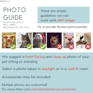 May include: A guide with text and images showing how to take good photos of pets for custom pet portraits. The text says "These are simply guidelines we can work with ANY image. Try to provide the best photo possible. We suggest a front facing and close up photo of your pet sitting or standing. Select a photo taken in daylight or in a well lit room. Accessories may be included. Multiple photos are welcomed! For more than 1 pet individual photos are preferred."