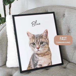 Puede incluir: Una impresión enmarcada con un retrato en acuarela de un gato con ojos verdes. El gato es gris y marrón sobre un fondo blanco. La palabra "Blue" está escrita encima del gato. Una pancarta marrón dice "FAST TURNAROUND".