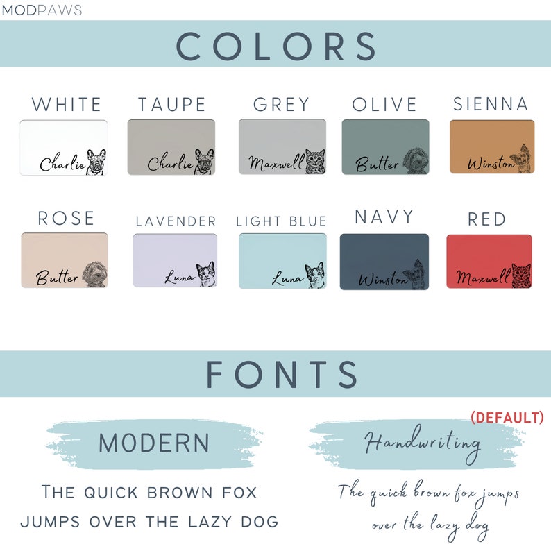 May include: A colour and font guide for a product, showcasing rectangular samples in colours such as white, taupe, grey, olive, sienna, rose, lavender, light blue, navy, and red. Each sample has a pet name and illustration. Two font styles are displayed.