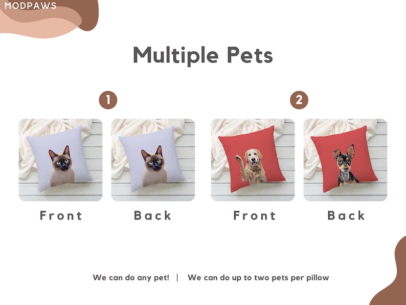Puede incluir: Imagen de cojines personalizados para mascotas. Los cojines muestran un gato siam&eacute;s y un Golden Retriever, con vistas frontal y trasera. El texto dice "Multiple Pets" y "We can do any pet! We can do up to two pets per pillow."