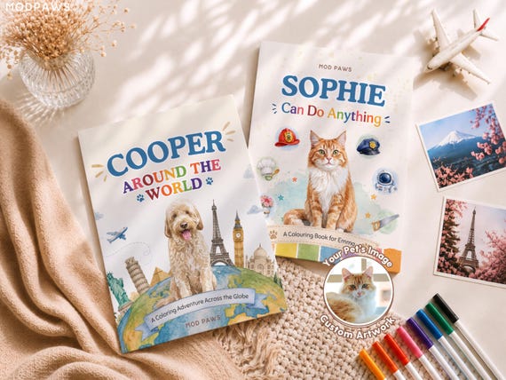 Personalized Pet Photo Coloring Book Custom Dog Cat World Traveller Pet Career Activity Pages