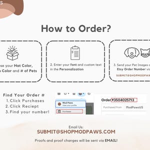 May include: Informational graphic from Mod Paws on how to order custom pet products. Instructions include choosing hat and patch colors, entering text, and sending pet images. Order number #3504025713 is visible.