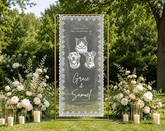 Custom Cat Dog Wedding Welcome Lace Banner Personalized Pet Photo Printed Fabric Tapestry Ceremony Signage Decor