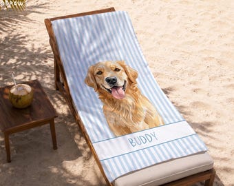 Personalized Stripe Beach Towel Custom Pet Photo Towels Unique Dog Cat Summer Vacation Gift