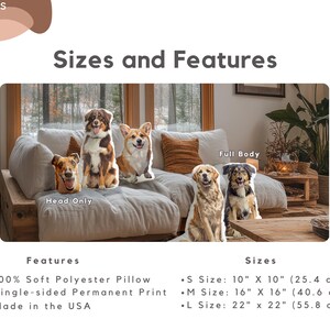 May include: Image of dog-themed pillows in various sizes. The pillows feature full-body and head-only designs of different dog breeds. Sizes include 10" x 10", 16" x 16", and 22" x 22". The pillows are made of 100% soft polyester with a single-sided permanent print.