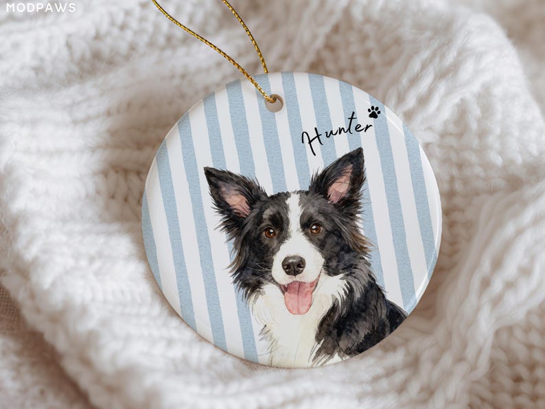 Pode incluir: Enfeite redondo de cer&acirc;mica com um retrato em aquarela de um c&atilde;o Border Collie, com pelo preto e branco, e o nome "Hunter". O fundo tem listras verticais azuis claras e brancas. Uma corda dourada &eacute; anexada para pendurar.