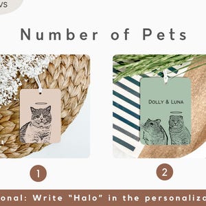 May include: Two gift tags with illustrations of cats. The first tag has a single cat with a halo above its head. The second tag has two cats with a halo above one of the cats. The text on the second tag reads "DOLLY & LUNA".