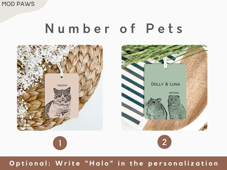 May include: Two gift tags with illustrations of cats. The first tag has a single cat with a halo above its head. The second tag has two cats with a halo above one of the cats. The text on the second tag reads "DOLLY & LUNA".