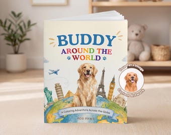 Custom Pet Portrait World Traveler Coloring Book | Personalized Kids Animal Activity Gift From Photo