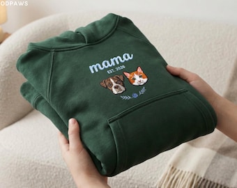 Custom Pet Mama Embroidered Hoodie with Sleeve Embroidery – Personalized Cat and Dog Hooded Sweatshirt