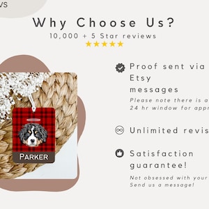 Peut inclure: Un diffuseur de parfum de voiture en tissu &eacute;cossais rouge et noir avec le visage d'un chien et le nom "Parker" imprim&eacute; dessus. Le diffuseur est suspendu &agrave; une ficelle. L'image comprend &eacute;galement du texte qui dit "Pourquoi nous choisir ?" et "10 000+ 5 &eacute;toiles".