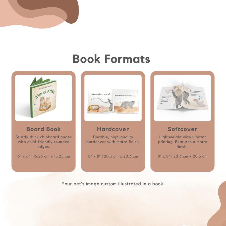 May include: Image showcasing three book formats: board book (6" x 6"), hardcover (8" x 8"), and softcover (8" x 8"). Each format is displayed with an open book, highlighting the cover and interior pages. The text reads "Book Formats" and "Your pet's image custom illustrated in a book!"