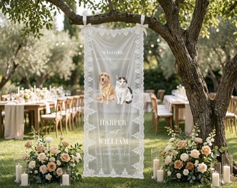 Custom Pet Wedding Welcome Lace Banner Personalized Watercolor Dog Cat Photo Fabric Tapestry Ceremony Keepsake