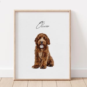 Op de afbeelding: Een ingelijste print met een bruine hond met een pluizige vacht, zittend tegen een witte achtergrond. De naam van de hond, "Oliver", staat er in cursief boven. De lijst is licht van hout en de print wordt op een houten vloer getoond.