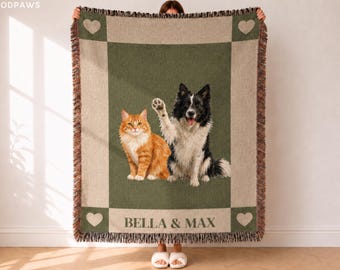 Custom Dog Cat Photo Woven Blanket Personalized Pet Checker Tapestry Throw Unique Name Keepsake Gift