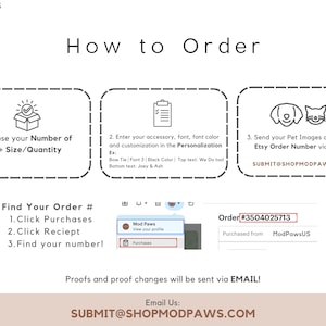 May include: An instructional graphic with the text "How to Order" and steps for ordering pet-related products. Includes icons, numbered instructions, and a screenshot of an Etsy order. The image also displays the email address SUBMIT@SHOPMODPAWS.COM.