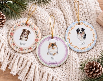 Custom Pet Photo Watercolor Ceramic Ornament Dog Christmas Keepsake Striped Floral Wreath Holiday Tree Decor