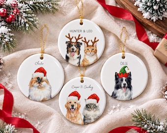 Custom Pet Photo Watercolor Ceramic Dog Cat Ornament Santa Hat Christmas Tree Decor Personalized Holiday Keepsake