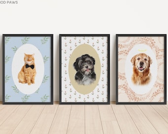 May include: Three framed pet portraits. The first features an orange tabby cat wearing a bow tie on a blue background. The second is a black and white dog on a cream background. The third is a golden retriever on a pink background.