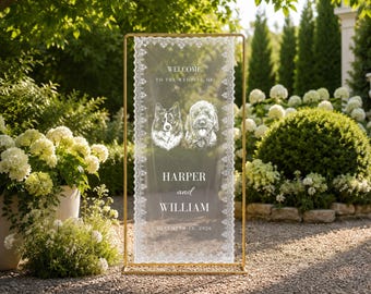 Custom Pet Wedding Welcome Lace Banner Personalized Dog Cat Photo Fabric Tapestry Ceremony Entrance Signage Decor