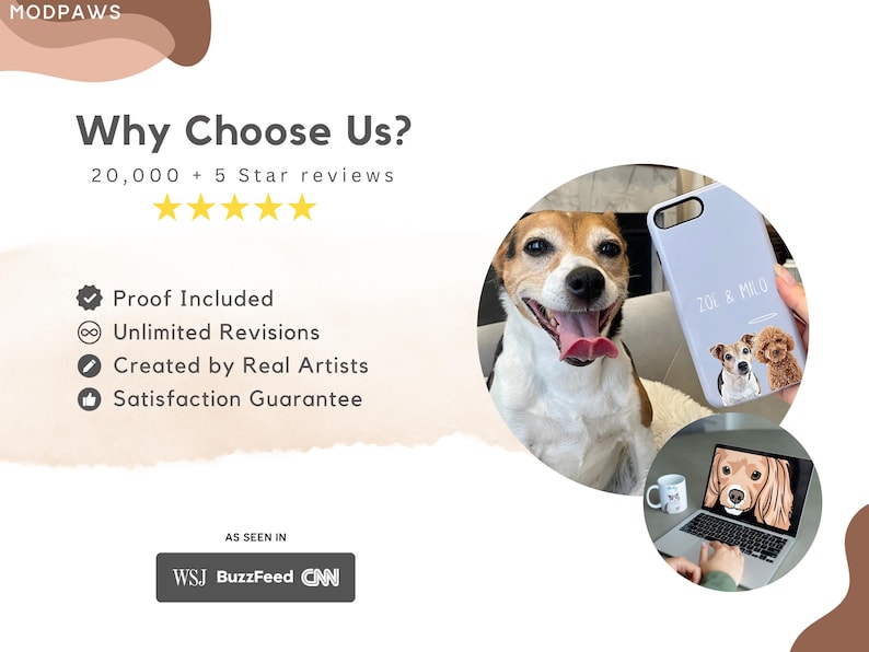 May include: An advertisement for Modpaws featuring a smiling dog, a phone case with dog portraits, and a laptop displaying a dog image. Text includes "Why Choose Us?" and "20,000 + 5 Star reviews."