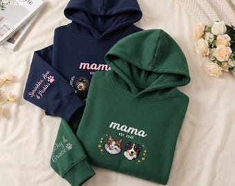 Custom Cat Mama Embroidered Hoodie with Sleeve Embroidery – Personalized Pet and Dog Hooded Sweatshirt