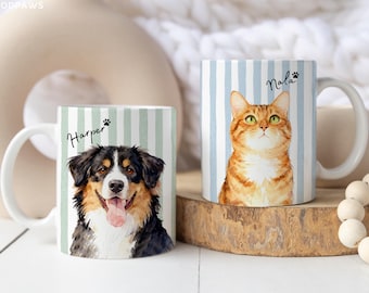 Custom Pet Mug from Photo + Name – Personalized Striped Dog & Cat Photo Coffee Cup, Custom Pet Mug, Dog Mom Gift, Cat Dad Mug, New Dog Gift