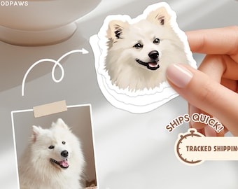 May include: A die-cut sticker featuring a digital illustration of a fluffy white dog with pointed ears and a black nose. The sticker is shown alongside a square photograph of the same white dog and text that reads MODPAWS and SHIPS QUICK.