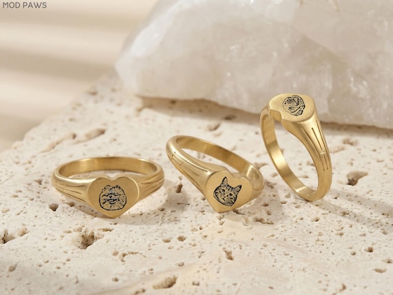 Custom Pet Heart Signet Ring Personalized Dog Cat Photo Engraved Memorial 18K Gold Jewelry