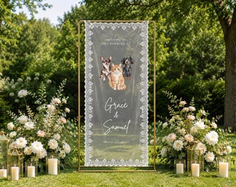 Watercolor Pet Wedding Welcome Lace Sign Banner Personalized Cat Photo Printed Fabric Tapestry Bridal Shower Ceremony Signage