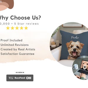 Puede incluir: Un coj&iacute;n azul marino con un retrato de perro y el nombre "Parker" encima. La imagen tambi&eacute;n incluye un port&aacute;til que muestra un retrato de perro, una taza y el texto "Why Choose Us?" con una lista de beneficios y menciones en los medios.