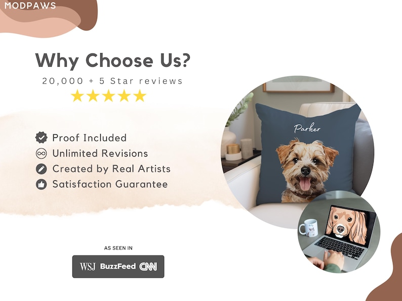 Puede incluir: Un coj&iacute;n azul marino con un retrato de perro y el nombre "Parker" encima. La imagen tambi&eacute;n incluye un port&aacute;til que muestra un retrato de perro, una taza y el texto "Why Choose Us?" con una lista de beneficios y menciones en los medios.