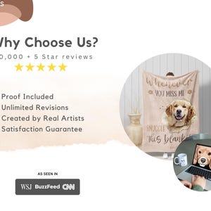 May include: A beige blanket featuring a golden retriever portrait with the text "Whenever you miss me, snuggle this blanket." The image also includes a laptop displaying a similar dog portrait, a mug, and text that reads "Why Choose Us?" and "As Seen In".
