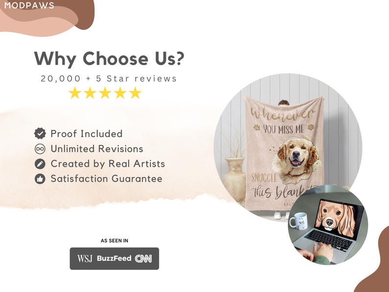 May include: A beige blanket featuring a golden retriever portrait with the text "Whenever you miss me, snuggle this blanket." The image also includes a laptop displaying a similar dog portrait, a mug, and text that reads "Why Choose Us?" and "As Seen In".