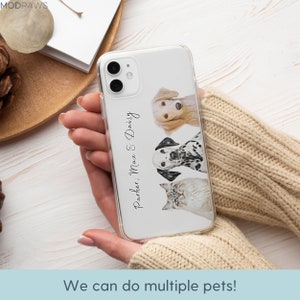 May include: A clear phone case with a white background and three pet portraits. The pets are a golden retriever, a dalmatian, and a white cat. The text "Parker, Max & Daisy" is printed on the case.