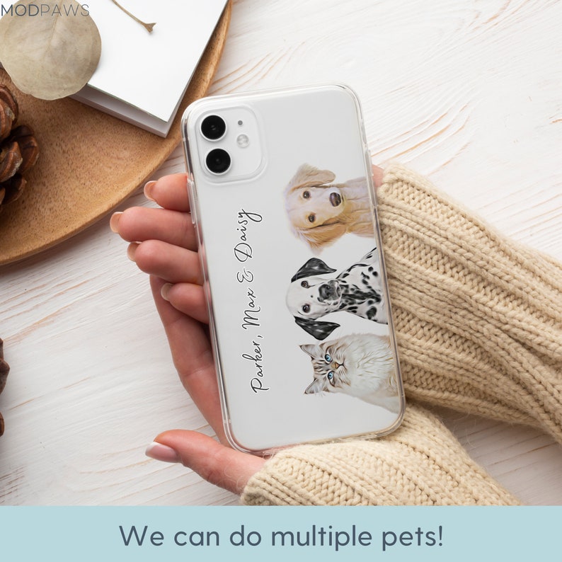 May include: A clear phone case with a white background and three pet portraits. The pets are a golden retriever, a dalmatian, and a white cat. The text "Parker, Max & Daisy" is printed on the case.