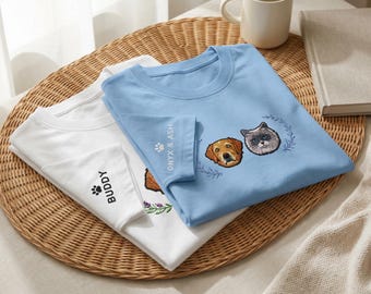 Custom Embroidered Floral Pet Shirt with Sleeve Embroidery Personalized Dog Portrait Cat T-Shirt Tee