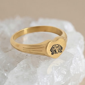 Custom Pet Heart Signet Ring Personalized Dog Cat Photo Engraved Memorial 18K Gold Jewelry image 1