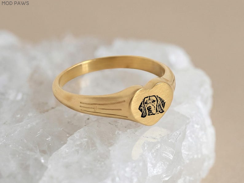 Custom Pet Heart Signet Ring Personalized Dog Cat Photo Engraved Memorial 18K Gold Jewelry image 1