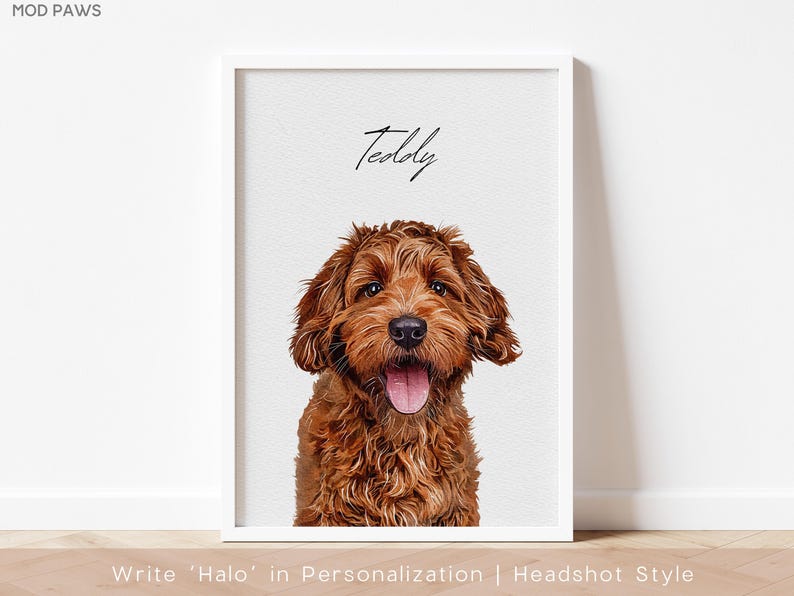 May include: A framed portrait of a dog with a fluffy, reddish-brown coat. The dog has its mouth open, tongue out, and the name "Teddy" is written above. The artwork is displayed in a white frame against a white background.