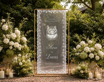 Custom Cat Wedding Welcome Lace Banner Personalized Feline Photo Printed Fabric Tapestry Ceremony Signage Party Decor